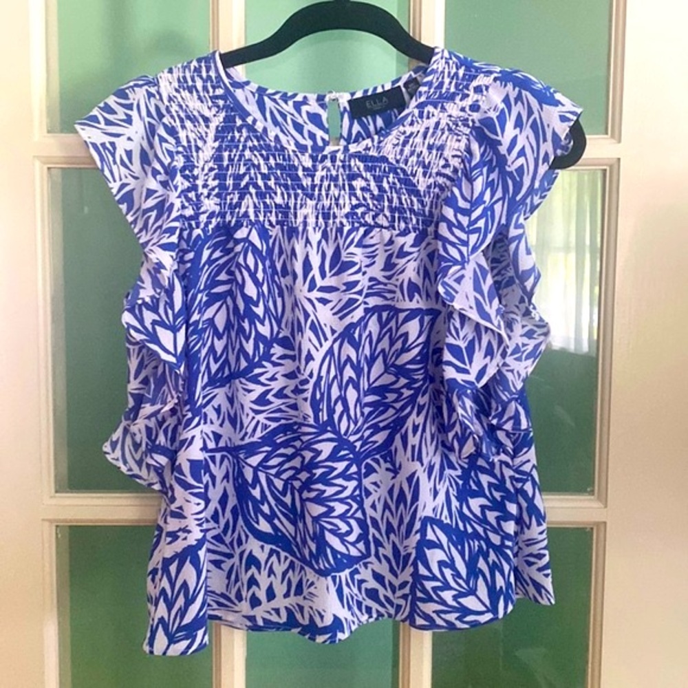 ELLA by Rafaella Blue & White Ruffled Capped Sleeve Blouse, Size SP